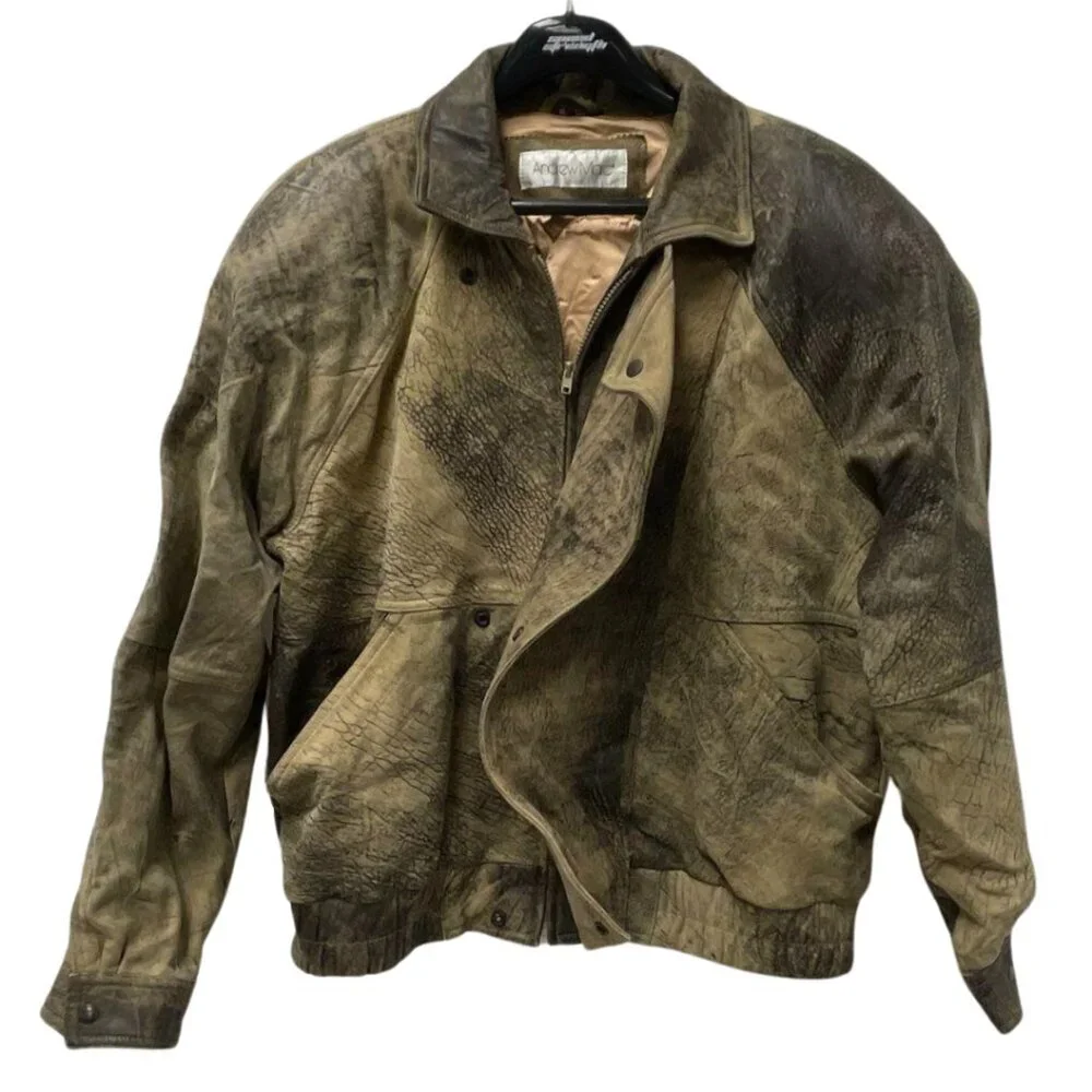 Vintage Andrew Marc Distressed Brown Leather Bomber Jacket Mens Size XL